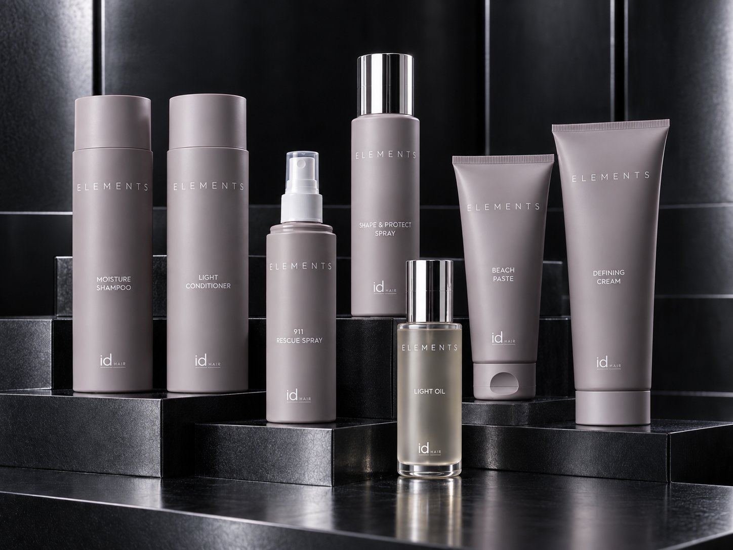 idHAIR Elements: Moisture Shampoo, Light Conditioner, 911 Rescue Spray, Shape & Protect Spray, Light Oil, Beach Paste og Defining Cream