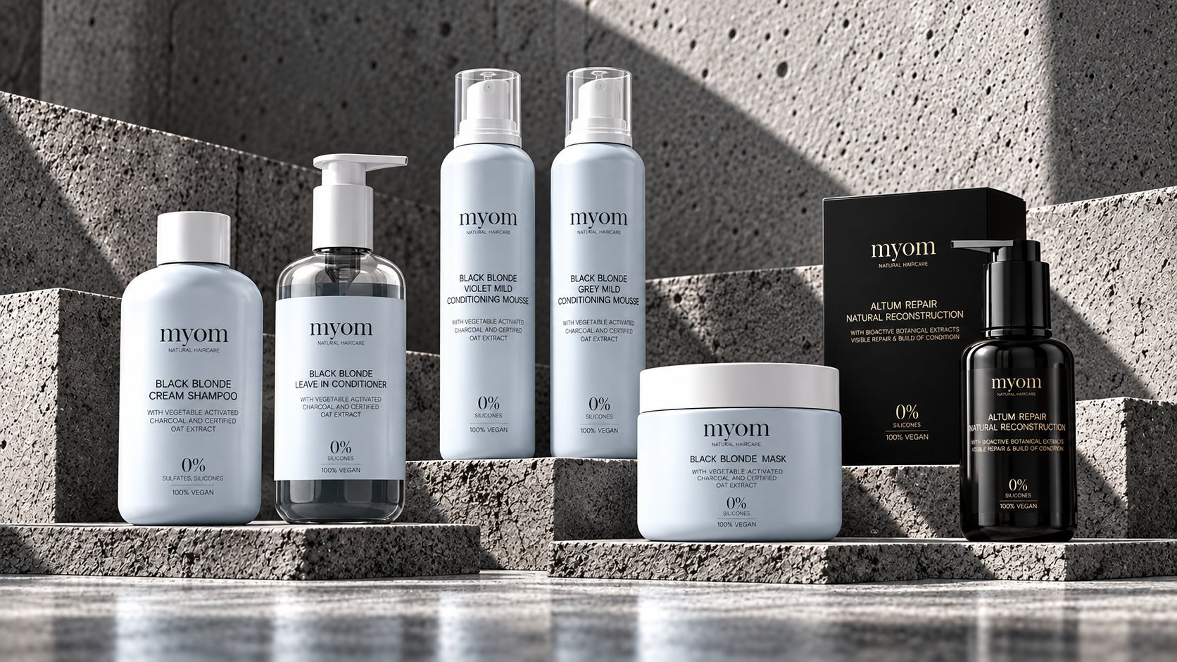 MYOM Black Blonde cream shampoo, leave-in, violet og grey conditioning mousse og maske samt Altum Repair