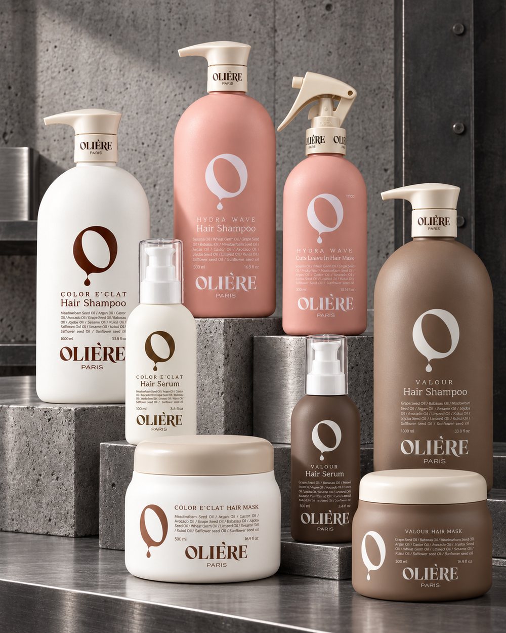 Oliere hårplejeprodukter: shampoo, serum og hårmasker