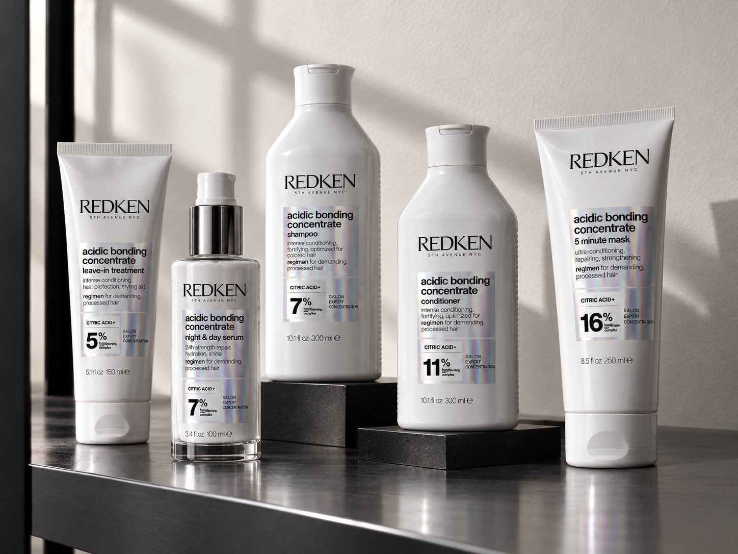 Redken Acidic Bonding Concentrate: leave-in treatment, night & day serum, shampoo, conditioner og 5 minute mask