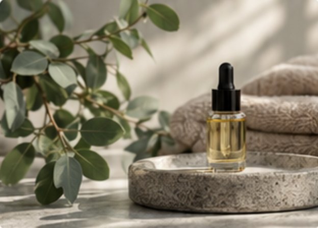 Hovedbundsolie, eukalyptus og håndklæder